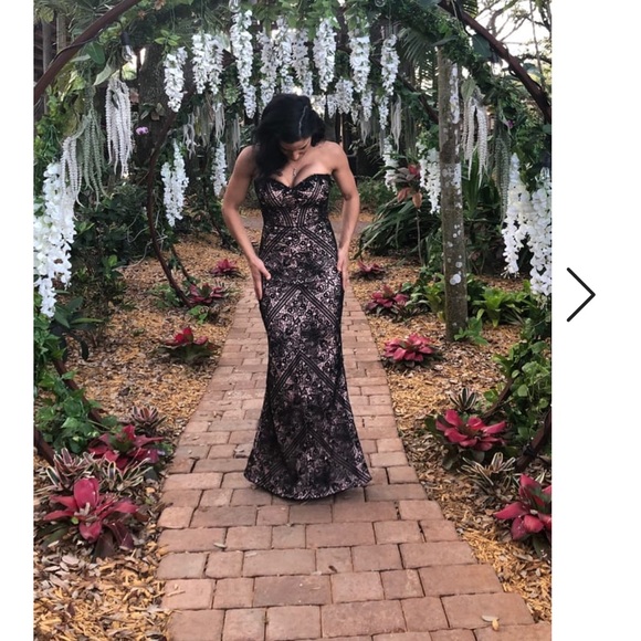 Bariano Lulus Allison Black Nude Lace Strapless evening gown maxi dress bustier - Picture 10 of 16